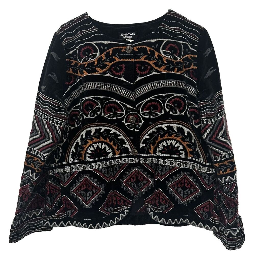 Johnny Was Black Embroidered Boho Jacket with Rust and Maroon Accents